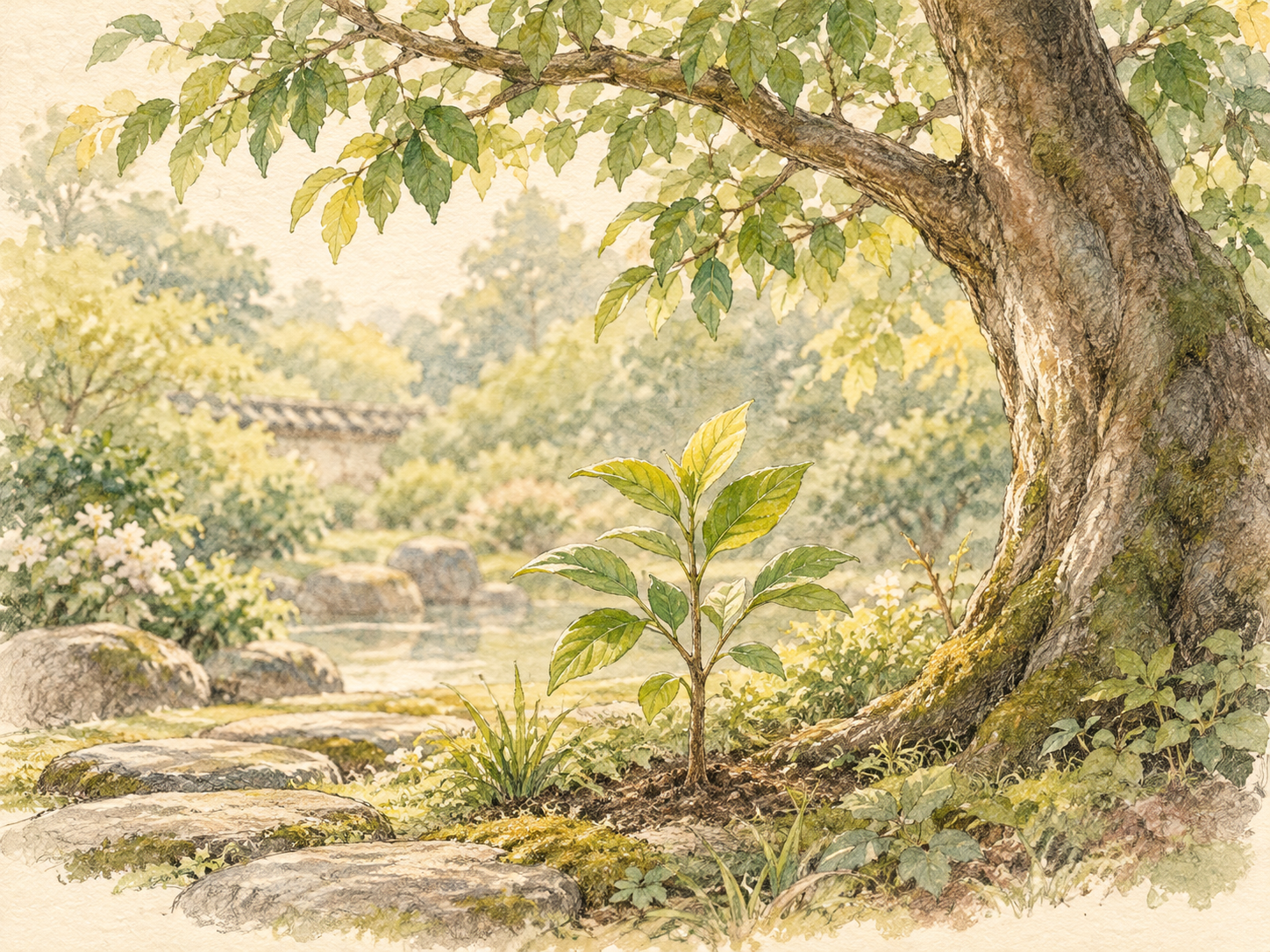 大樹旁的新芽與庭園石徑，日系水彩鉛筆手繪插圖，象徵精神的延續與實踐