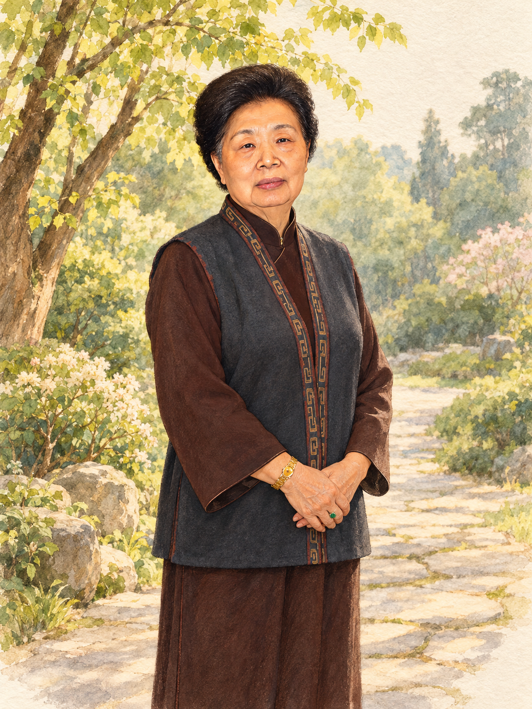 前人端莊站在樹蔭與庭園小徑旁，雙手自然相疊的日系水彩手繪插畫