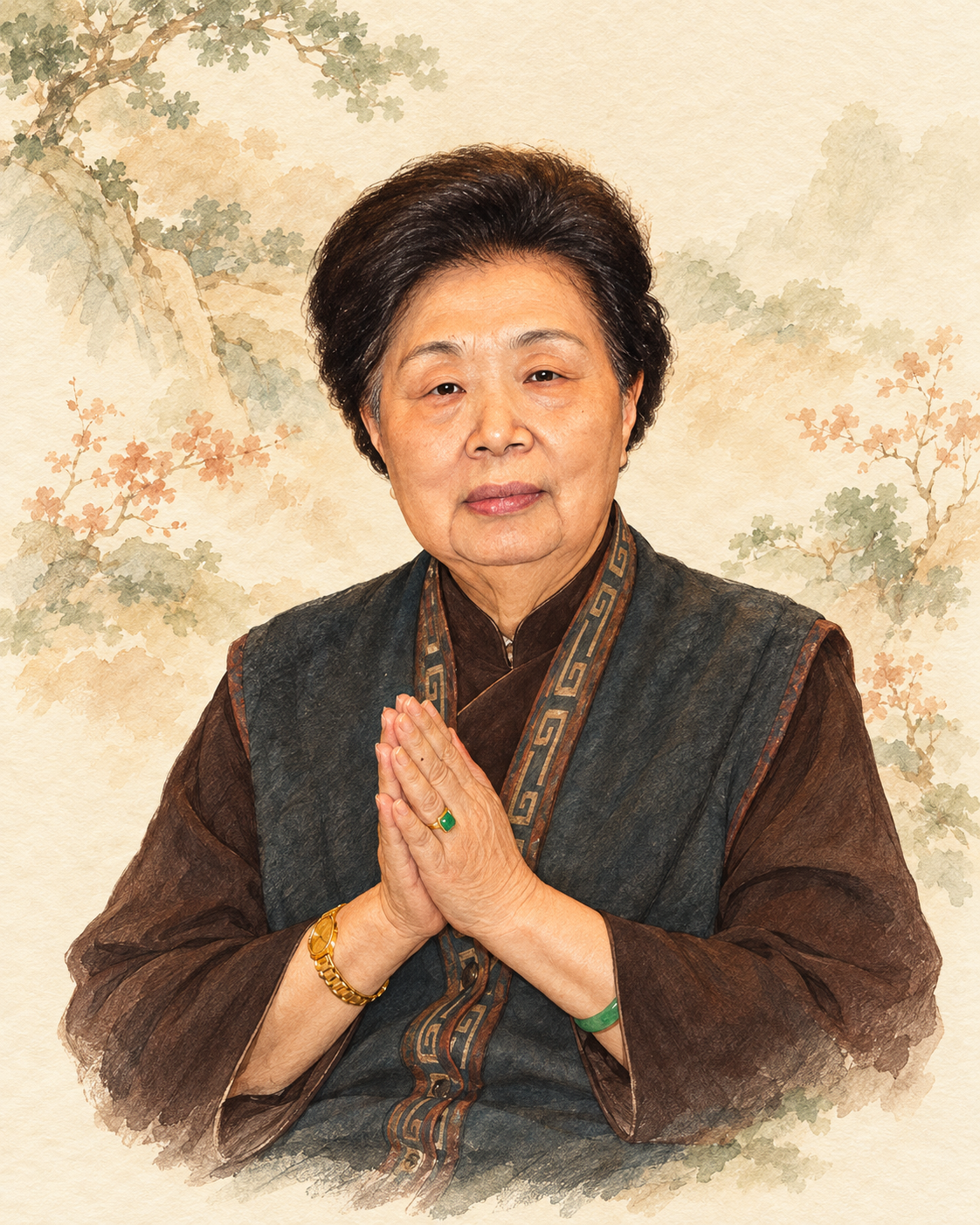 依原照片繪製的前人合十暖色水彩插畫