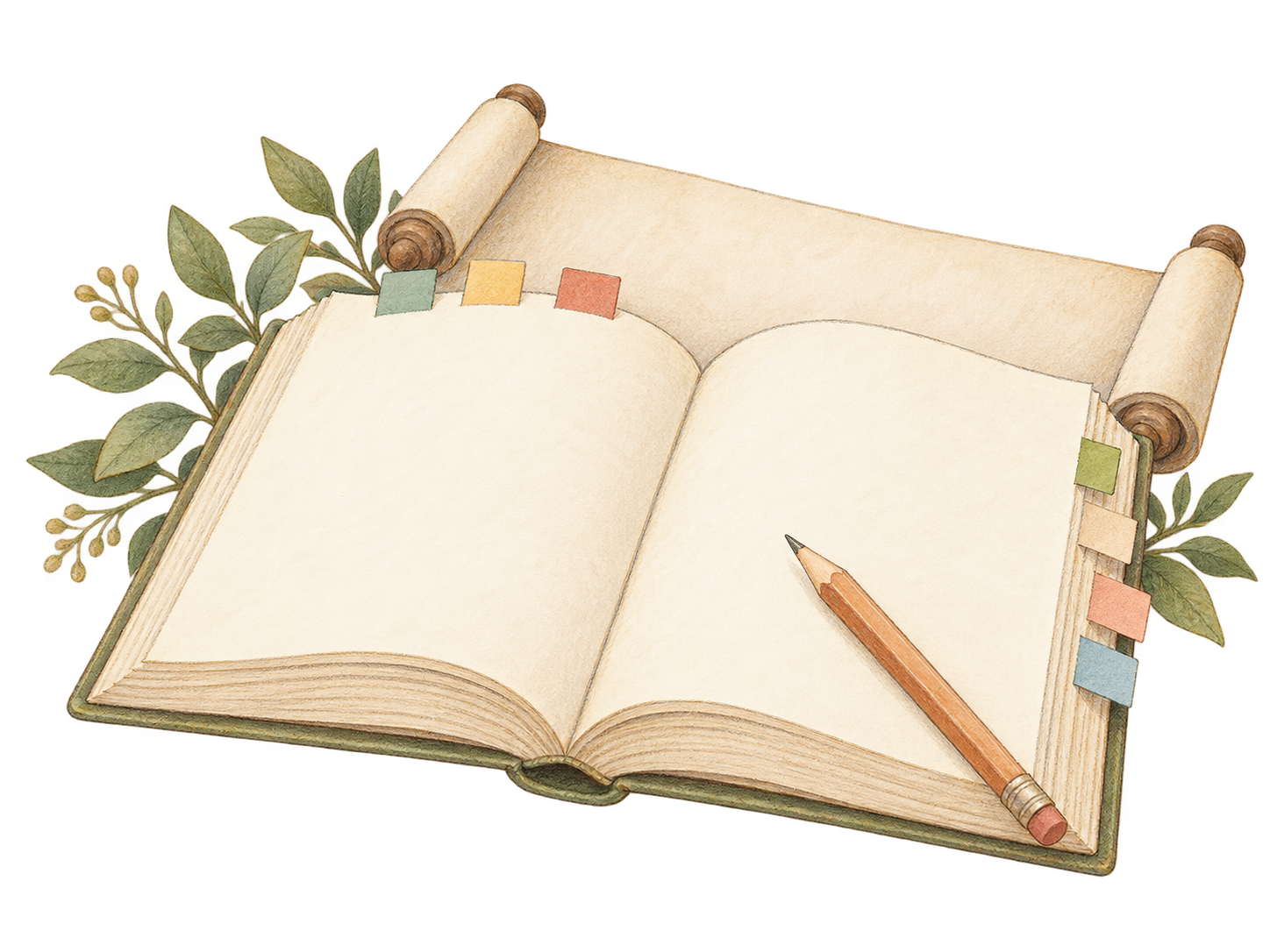 書卷、七枚書籤與鉛筆的日系手繪插圖