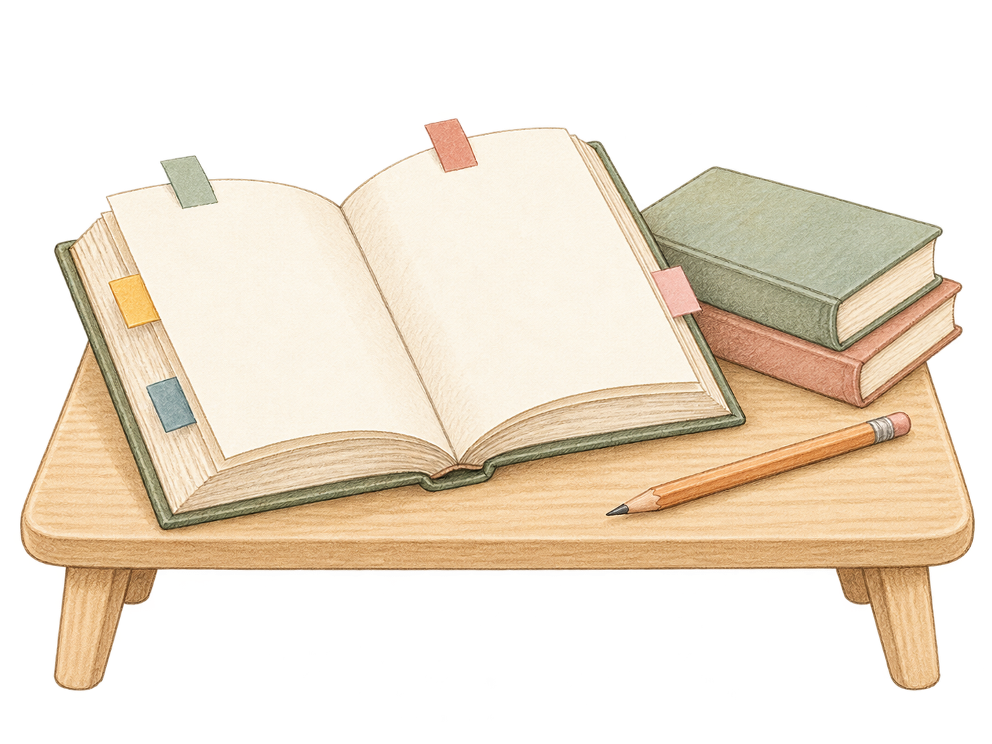 書本、五枚書籤與鉛筆的日系淡彩鉛筆手繪插圖